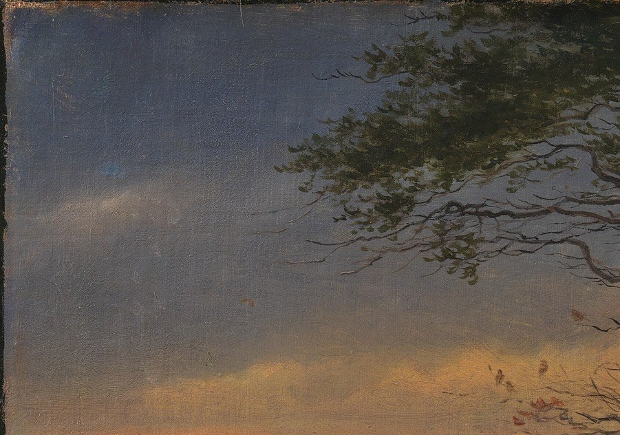 The dusk sky glows with oranges and blues.