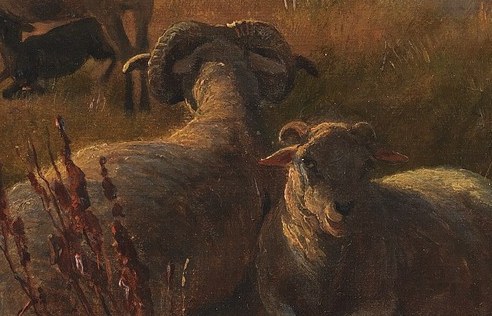 Its imposing horns and watchful gaze suggest strength and a protective presence over the flock.