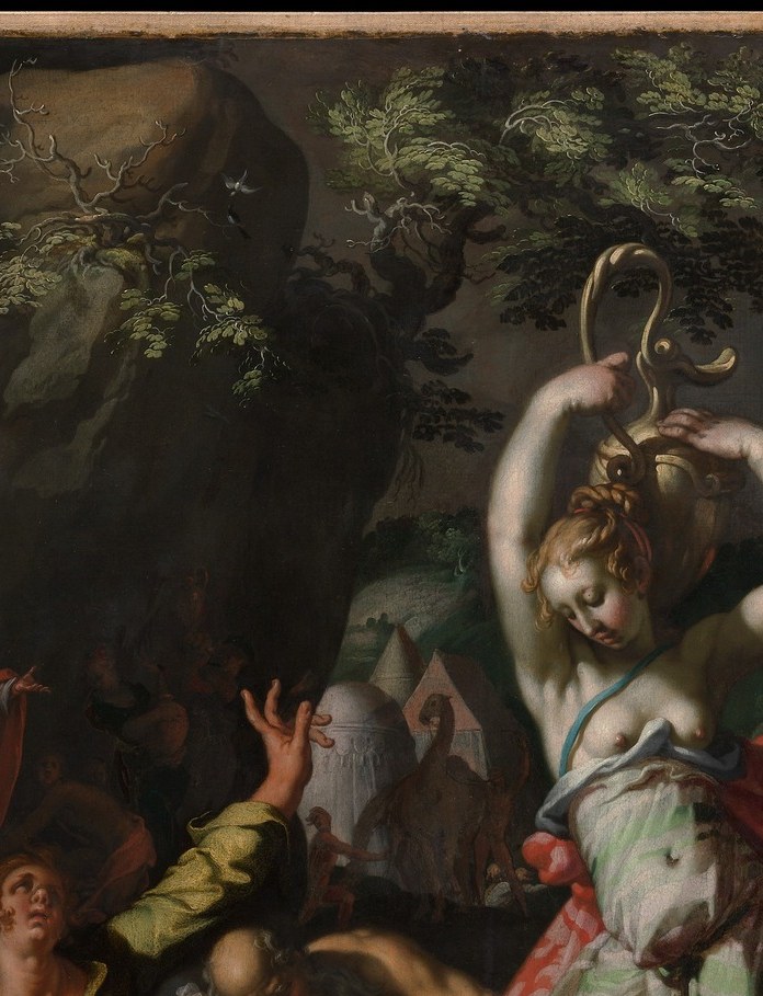 The compositional axis of the entire scene; his luminous white drapery and upward gesture immediately signal divine authority and command the eye.
