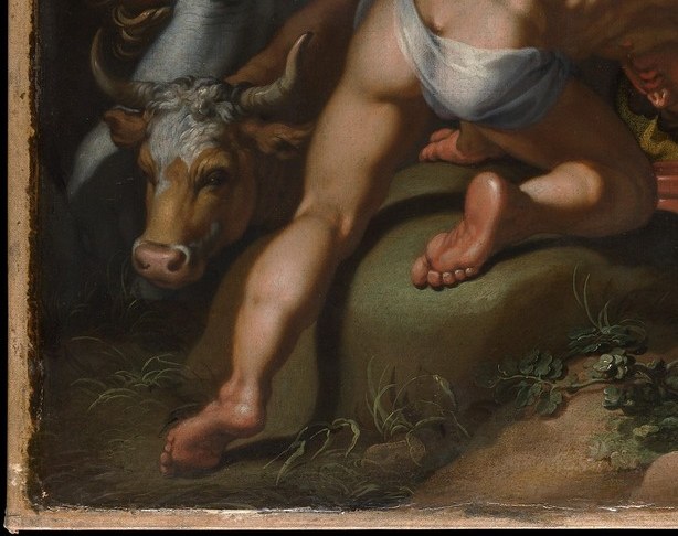 The most physically low figure in the painting signals near-death from thirst; a camera lingering here before panning up to the miracle creates maximum dramatic contrast.
