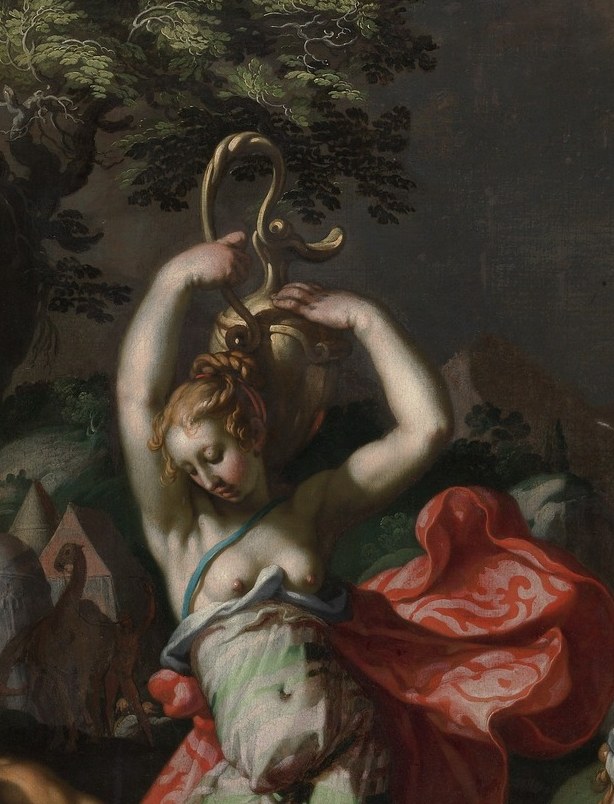 The hot red accent punctuates the paler centre; the figure may represent Aaron or a companion elder , its colour functions as a visual counterweight to Moses's white.