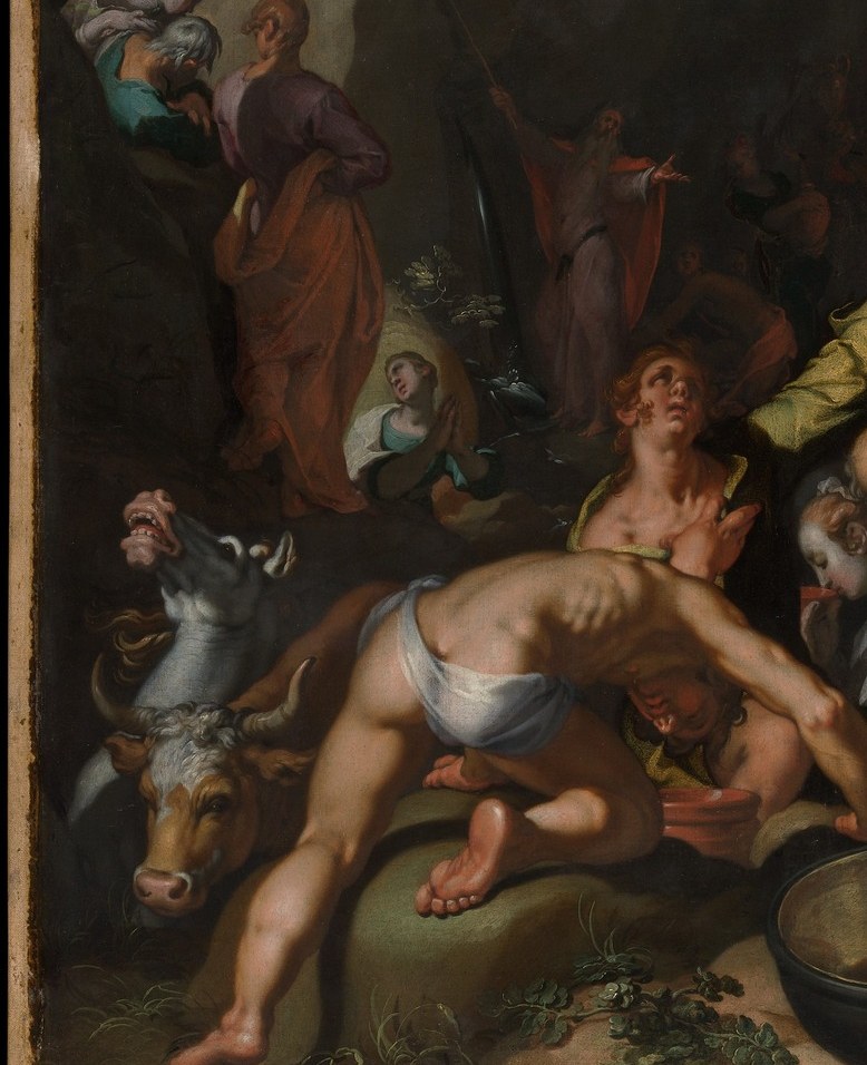 Multiple overlapping bodies in states of exhaustion and desperation illustrate the extremity of the Israelites' thirst; the layered flesh tones show Bloemaert's figure-drawing at its most Mannerist.