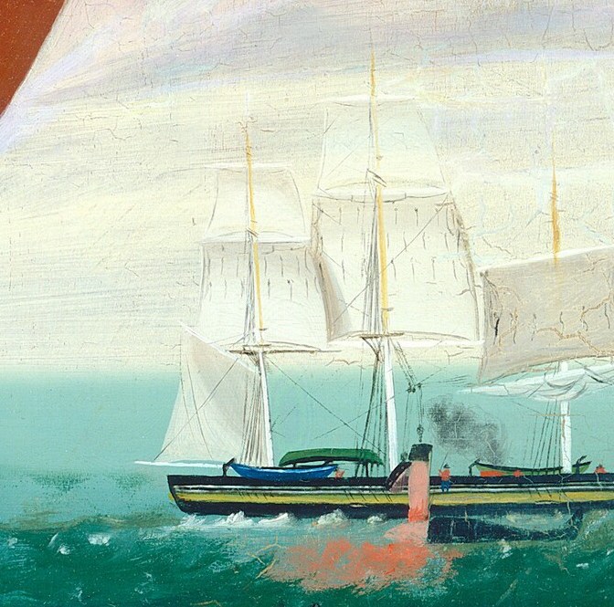 Beyond him, a ship sails on a turbulent, green sea.