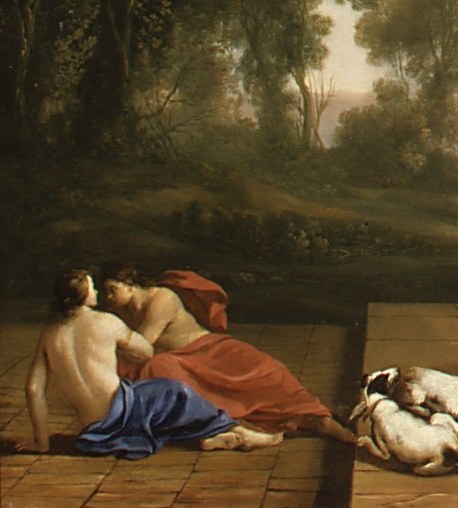 A blue-robed figure reclines in cool shadow.