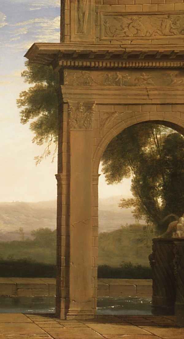 Look at the massive stone arch. It fills the entire right side.