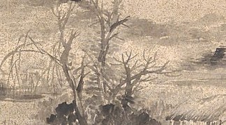 Delicate ink strokes capture the gnarled bare trees along the river.