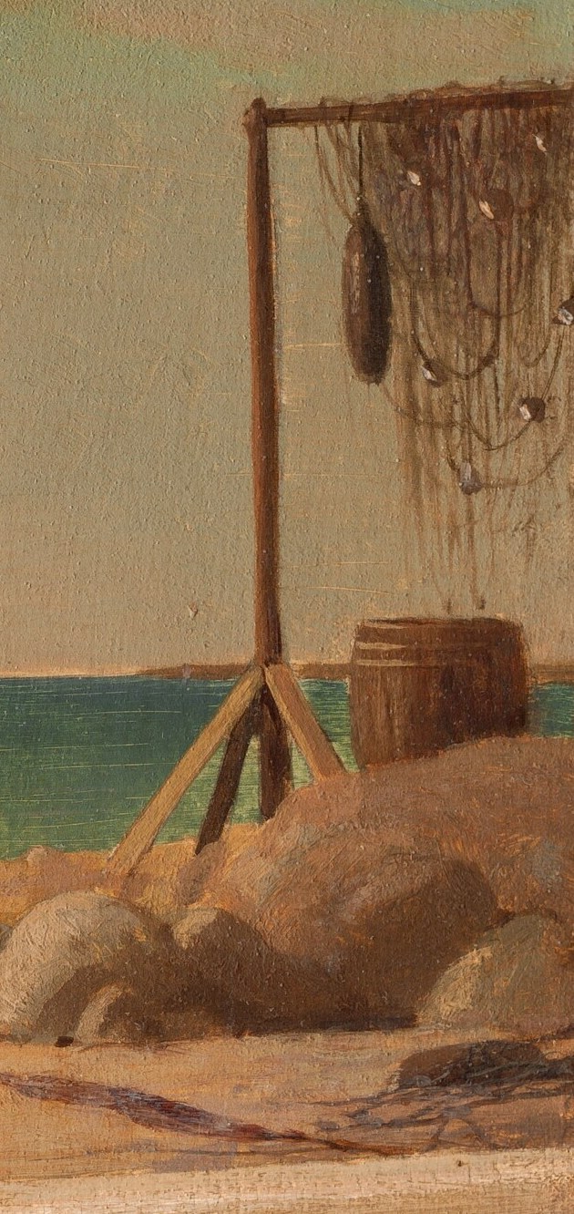 Fishing nets dry on a stand, hinting at their livelihood.