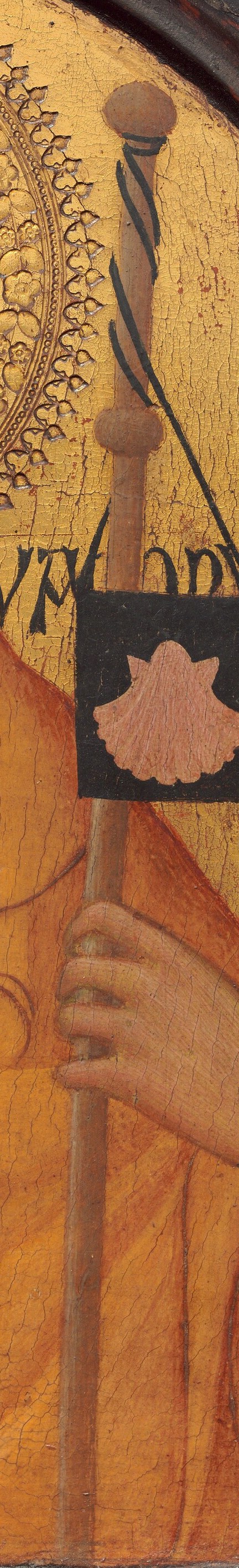 His pilgrim staff marks him as a traveler.