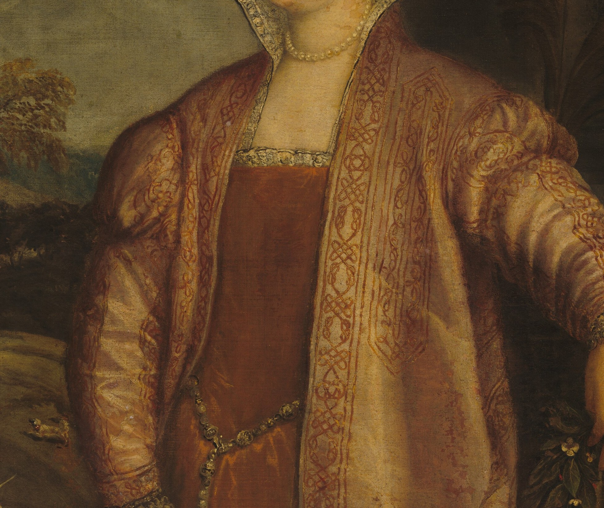 Titian's signature fabric virtuosity in full demonstration , warm rose satin catching light differently across each fold, rendered with deceptively loose brushwork rather than literal description