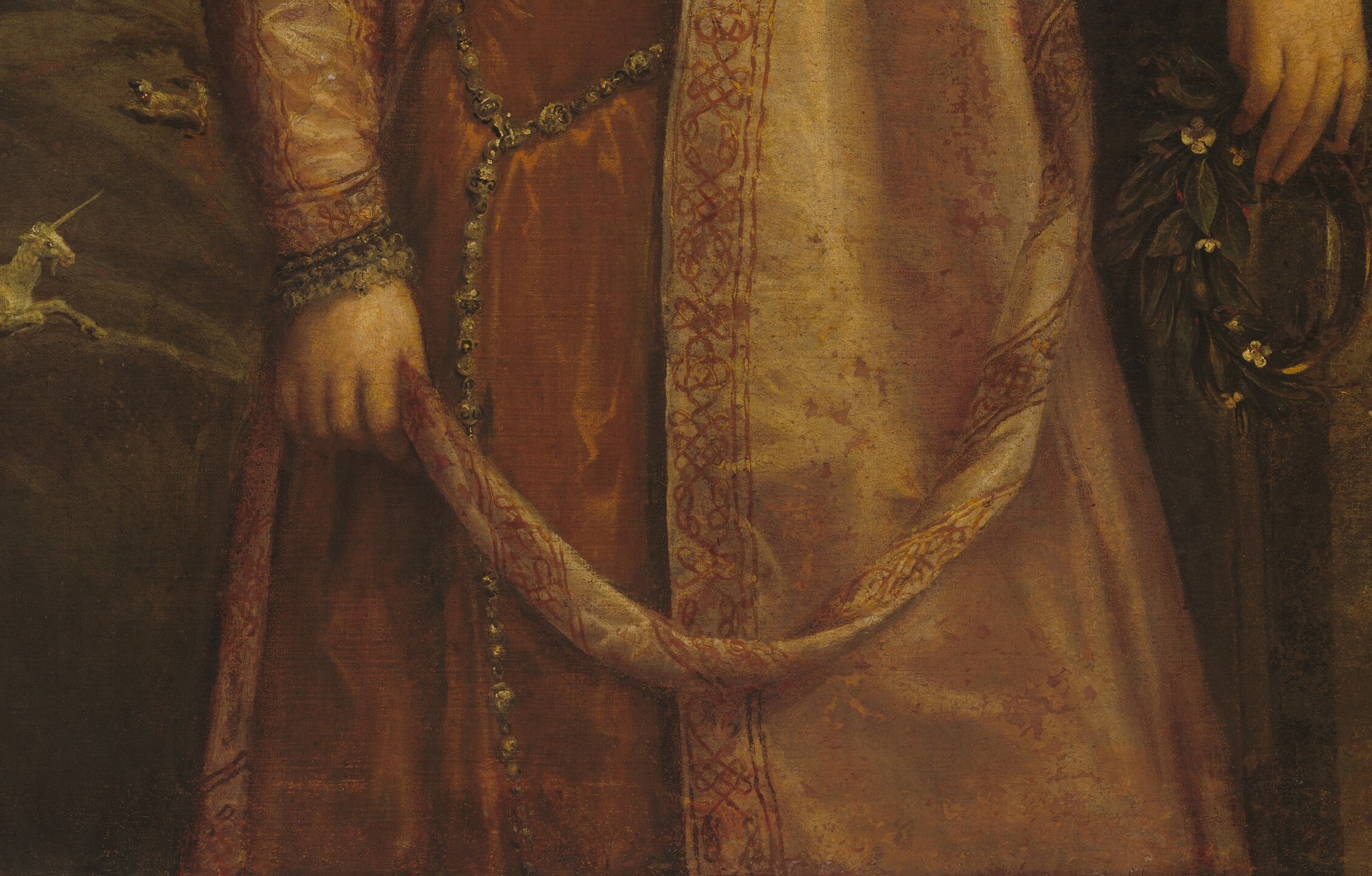 The skirt's generous spread anchors the composition in pyramidal stability; late-Titian loose brushstrokes render the fabric folds in warm light rather than tracing every crease