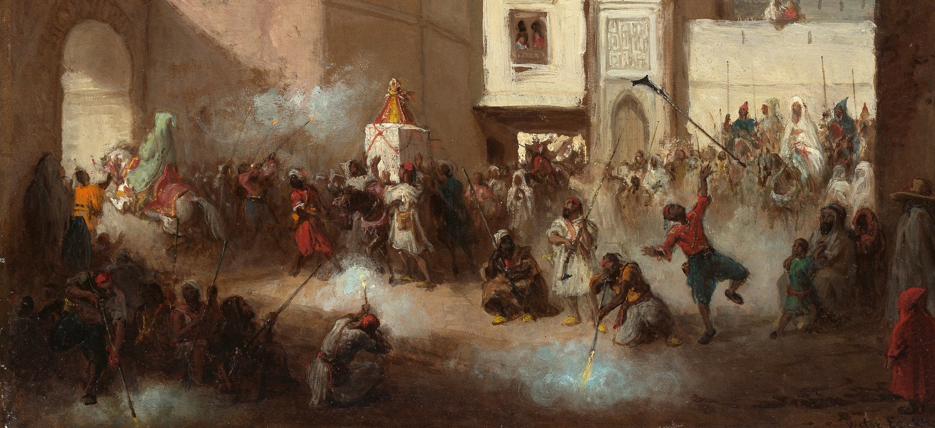 Dozens of figures in vibrant turbans and robes press together, conveying the noise and energy of a North African wedding , a sociological document as much as a painting.