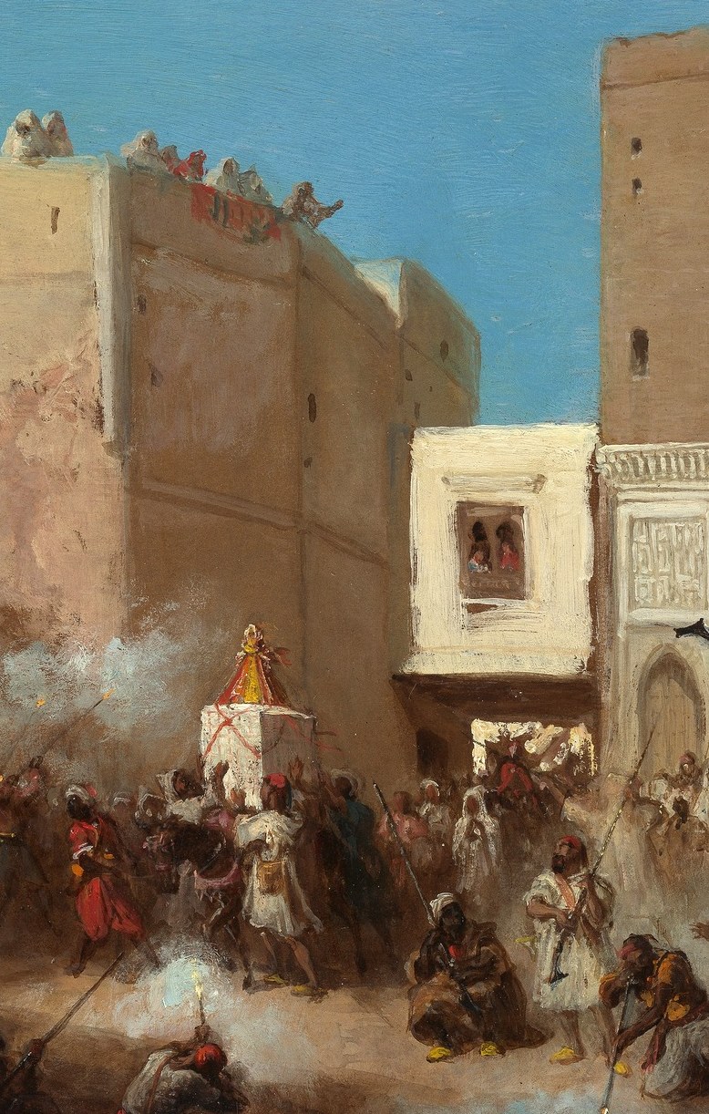 The monumental Moorish arch anchors the procession's path and signals the Orientalist setting , its scale dwarfs the crowd and draws the eye deep into the composition.
