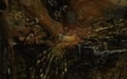 Sparks fly from the glowing forge.