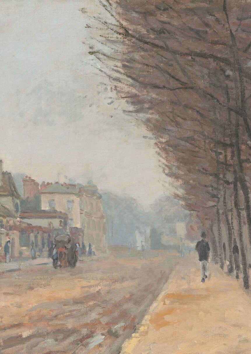 The repeating vertical trunks create a rhythmic colonnade that pulls the eye toward the vanishing point , a key compositional device for Sisley