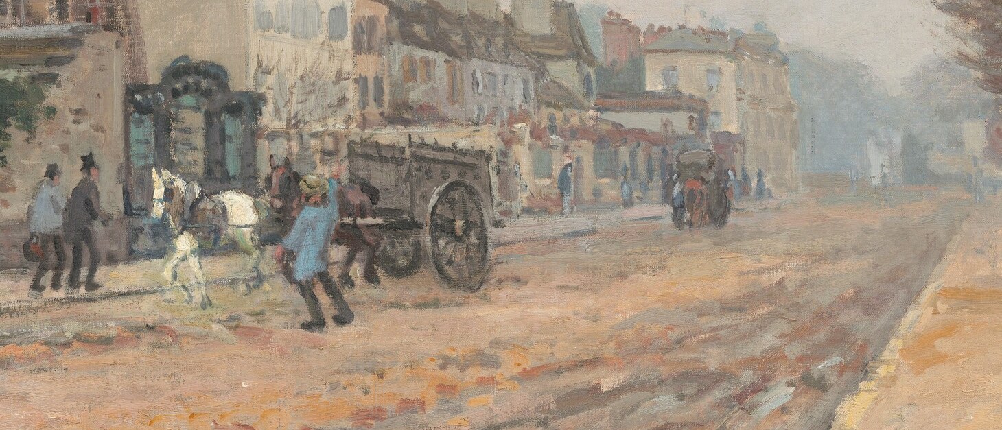 Sisley's mastery of linear perspective; the boulevard itself becomes the subject, demonstrating Impressionist interest in urban infrastructure