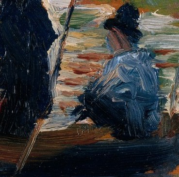 This figure, with its blue garment, adds a touch of color and suggests a companion, hinting at a shared journey.