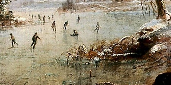 The frozen river is a stage for ice skaters, enjoying the day.