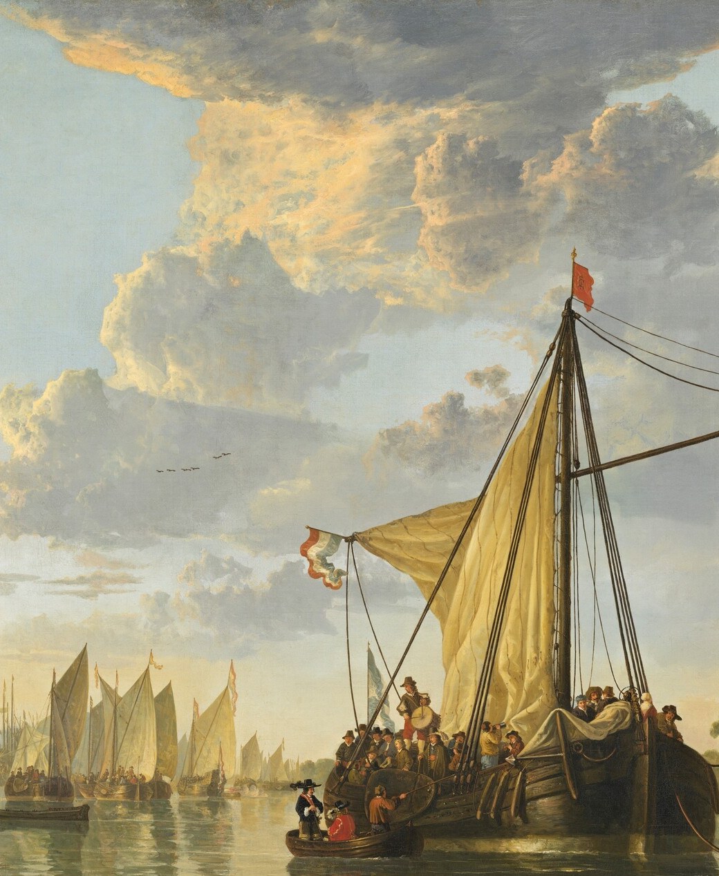 The compositional anchor of the entire painting; its scale and warm lit rigging draw the eye before anything else and anchor the historical fleet narrative