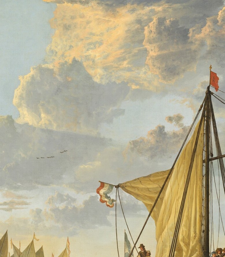 Cuyp's signature chromatic trick , saturating the sail with warm afternoon sunlight so it glows like a lantern against the cool sky, a painterly technique worth isolating