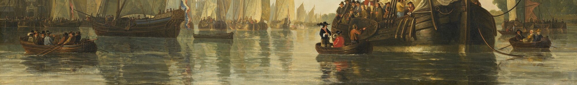 The stillness of the Maas is painted with minimal brushwork yet perfectly conveys an airless summer afternoon; hull reflections anchor each vessel to the water