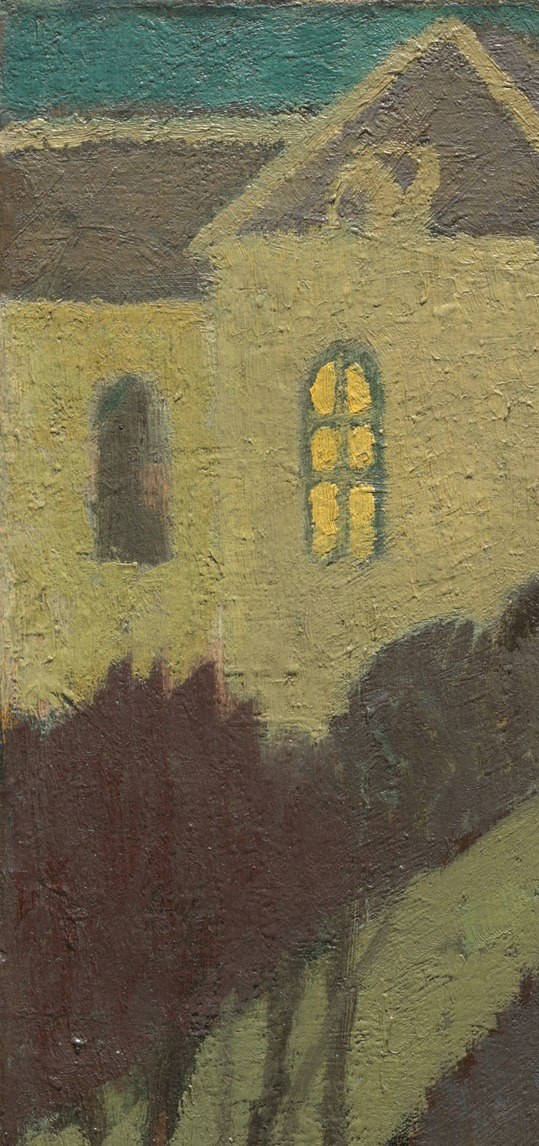 The institutional mass looming at left anchors the spiritual setting; its silhouette demonstrates the Nabi preference for flattened architectural form over illusionistic depth
