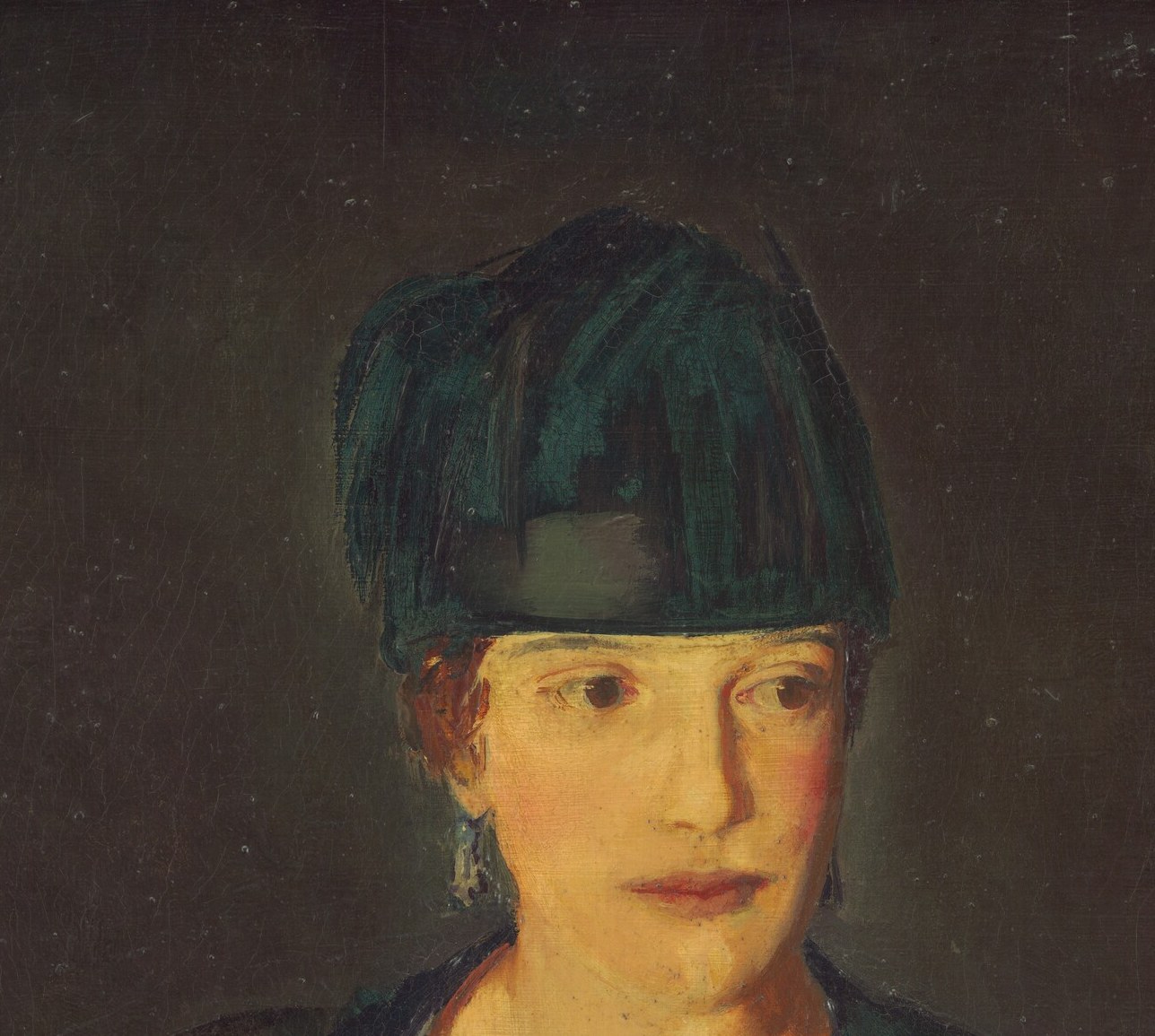 Her pale, composed expression and direct eye contact establish psychological presence; Bellows renders subtle modeling on the cheeks and brow that rewards close inspection.