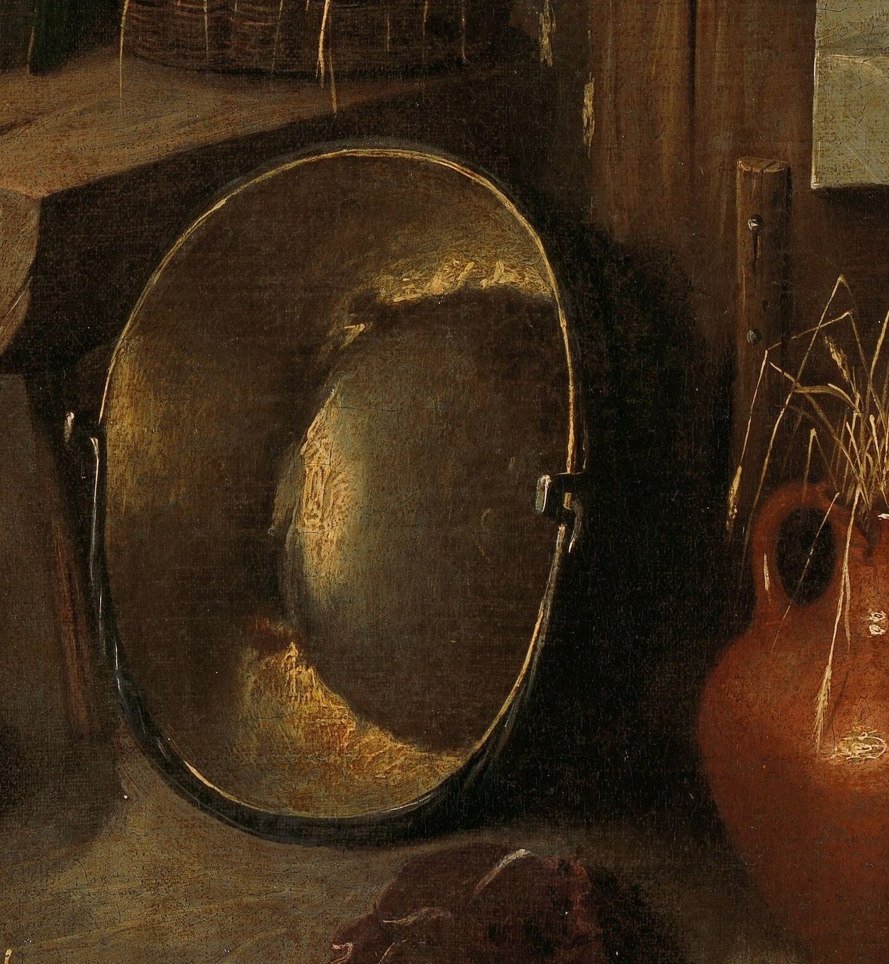 The reflective metallic surface mirrors surrounding objects and light, demonstrating chiaroscuro and the painter's mastery of lustrous surfaces.