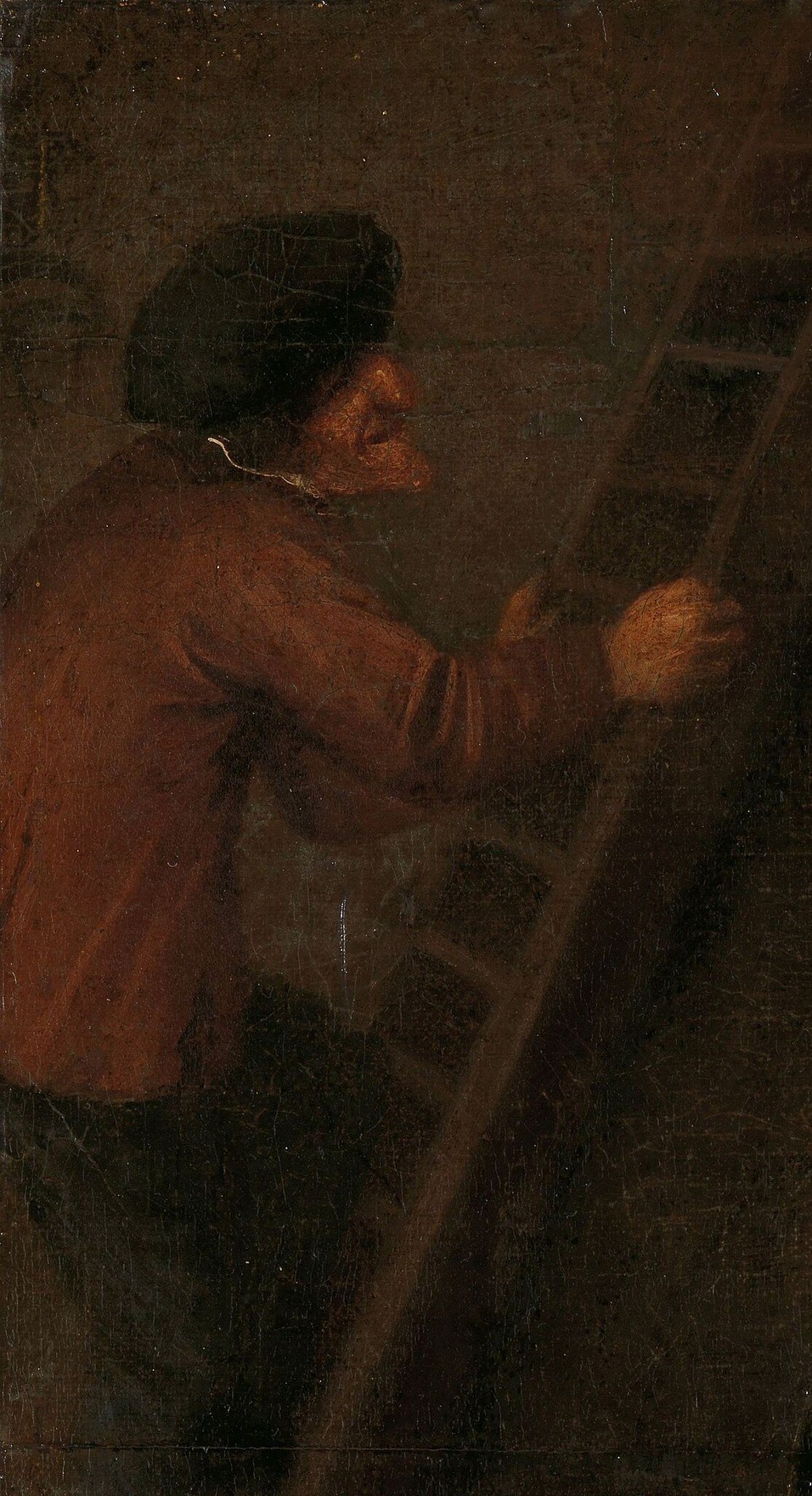 The only human presence anchors the scene in lived time , a worker mid-task breaks the stillness of the objects below and implies narrative beyond the still life.