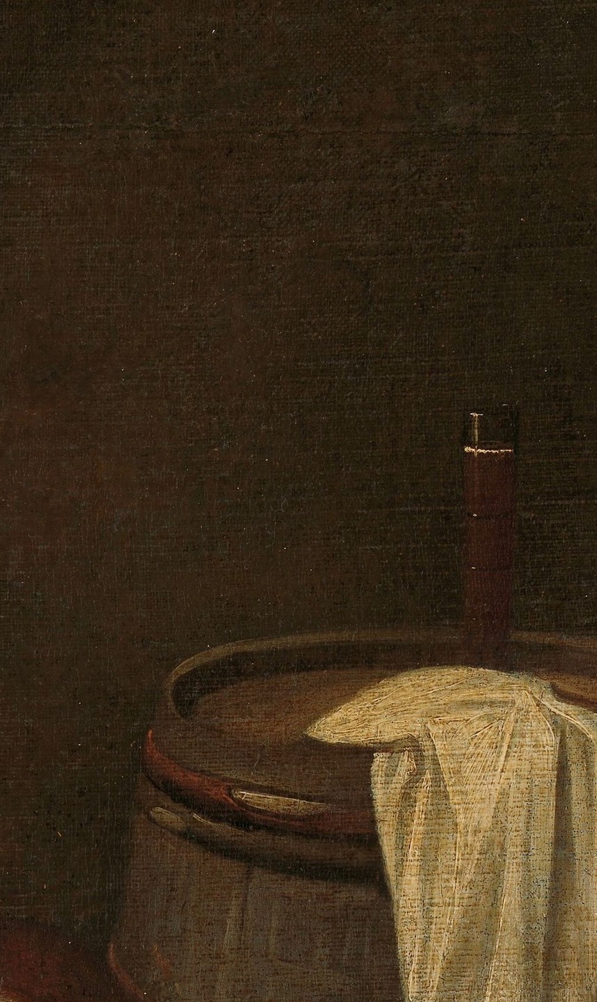 Brilliant white against the dark background , a classic Dutch vanitas device and a showcase for painterly bravura in rendering fabric folds.