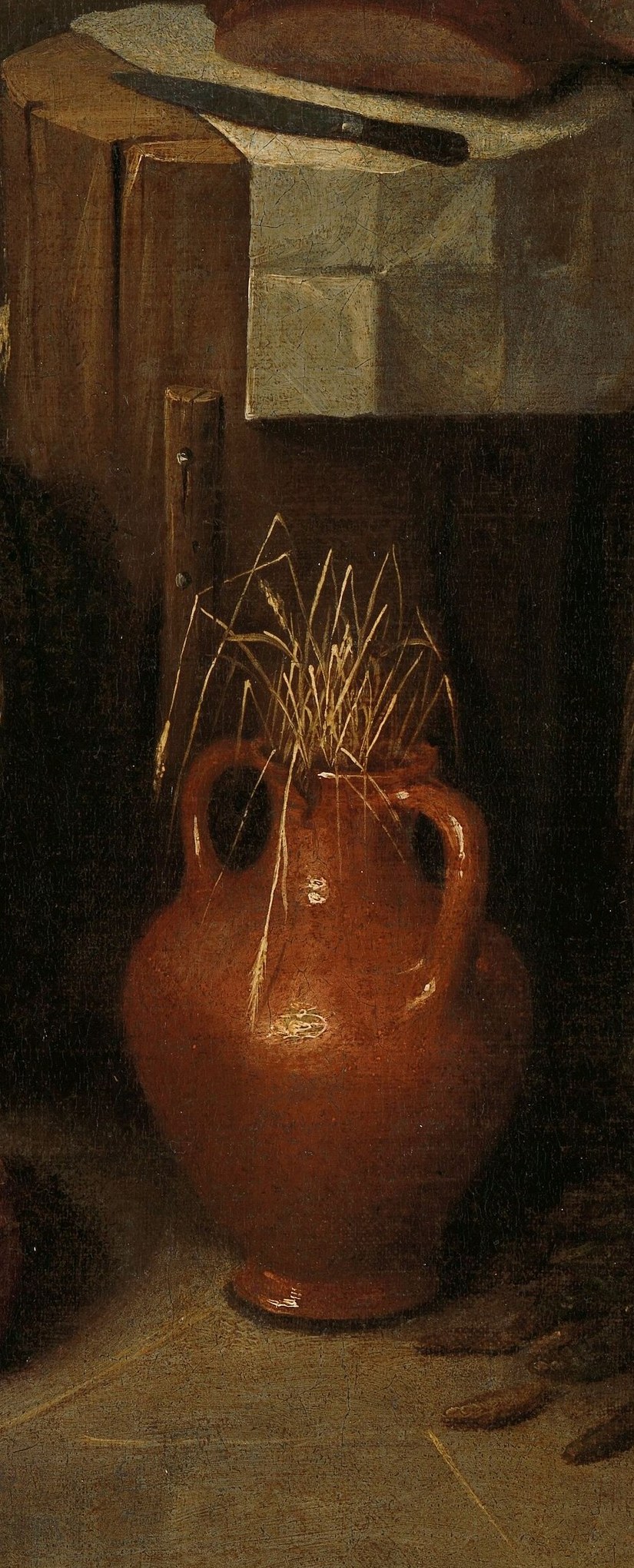 The dominant vertical form; its warm terracotta glaze catches the primary light source and demonstrates the painter's skill with ceramic texture.