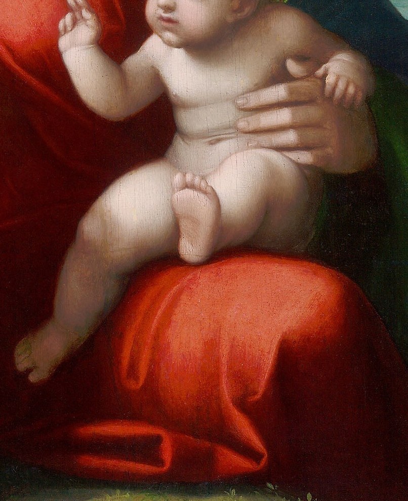 His earnest expression and kneeling pose show devotion and a connection to the divine.