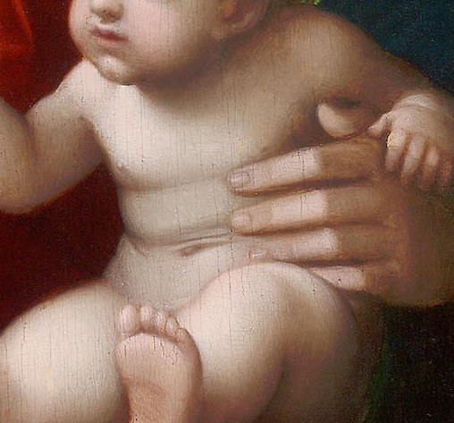 The soft rendering of her hand emphasizes the protective and nurturing aspect of her role.