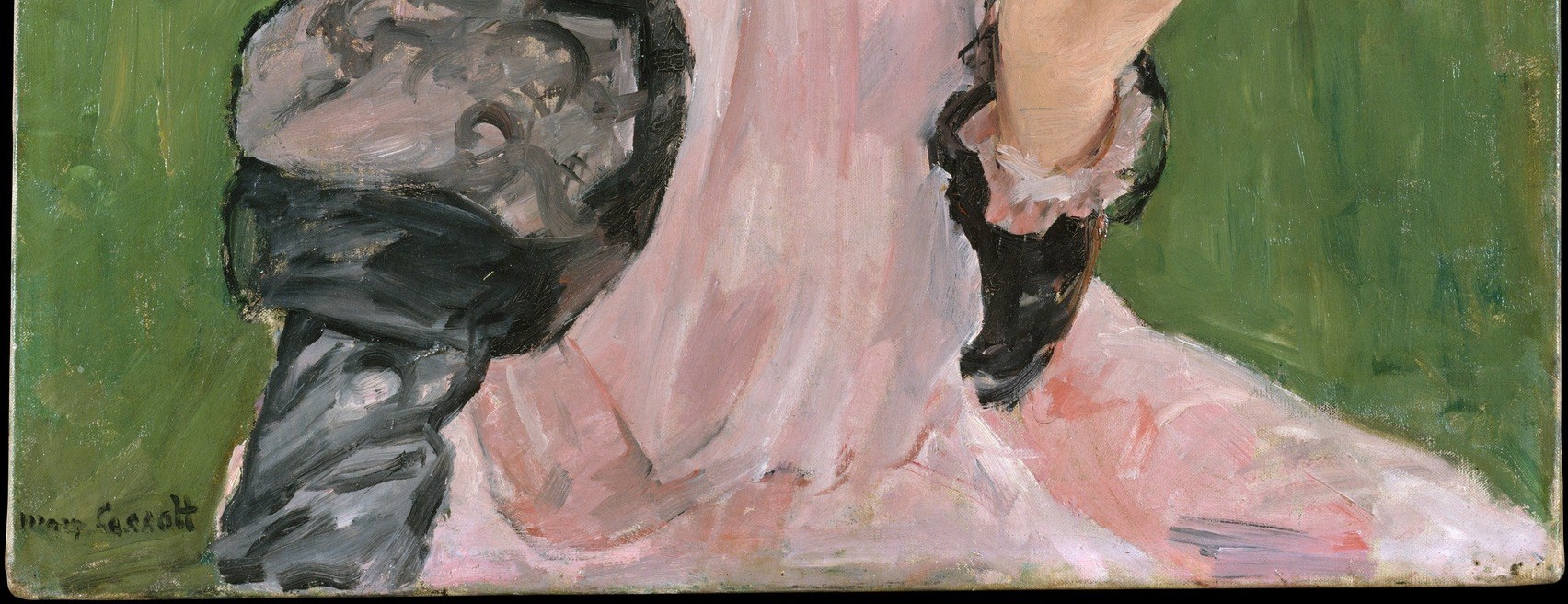 The ground is painted with rapid, directional strokes in varied greens , a near-abstract passage that anchors the figure while keeping energy in the surface
