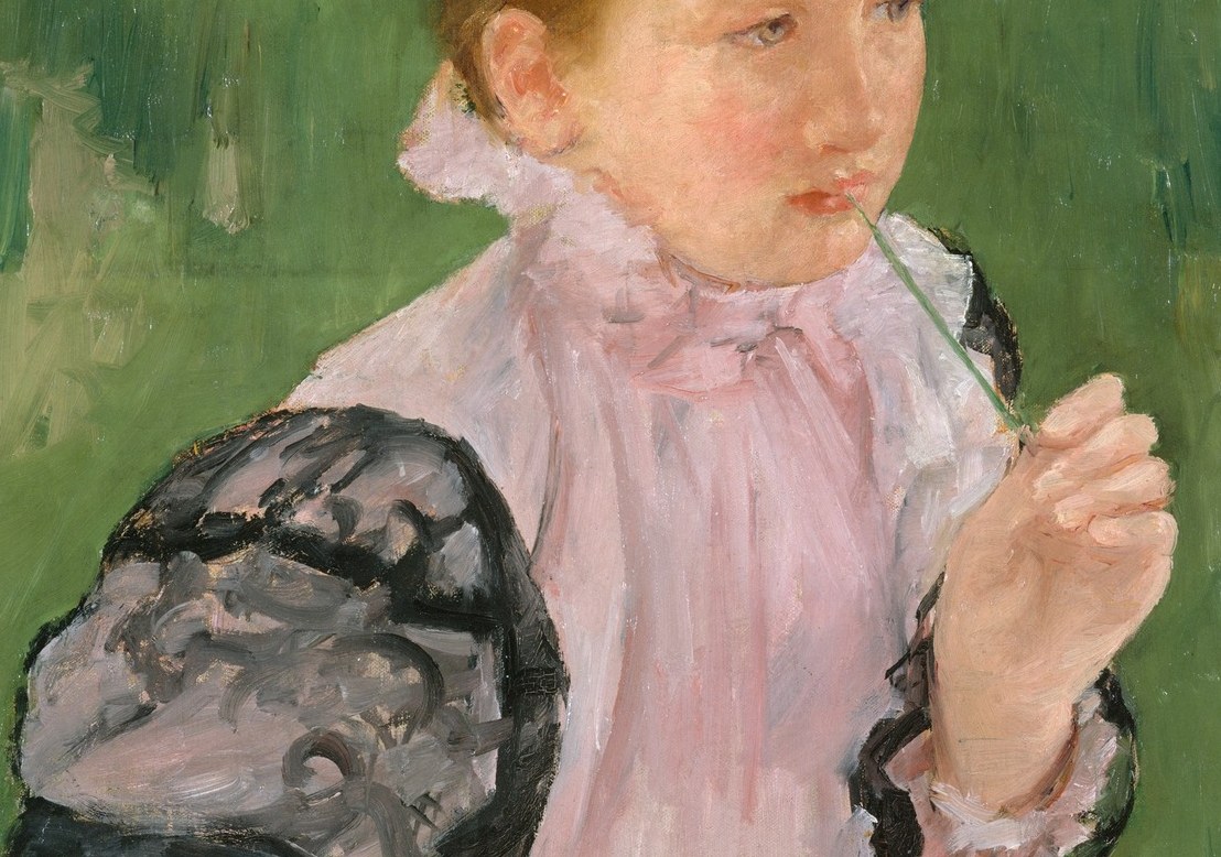 Cassatt's saturated pink radiates against the green field; the loose brushwork on the fabric folds shows her Impressionist handling at its most confident
