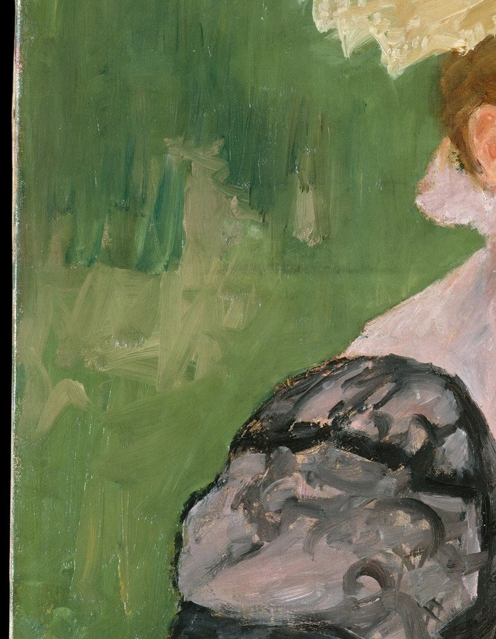 The bold black puff sleeves , height of 1890s fashion , date the scene precisely and contrast sharply with the pink bodice, demonstrating Cassatt's eye for decorative pattern