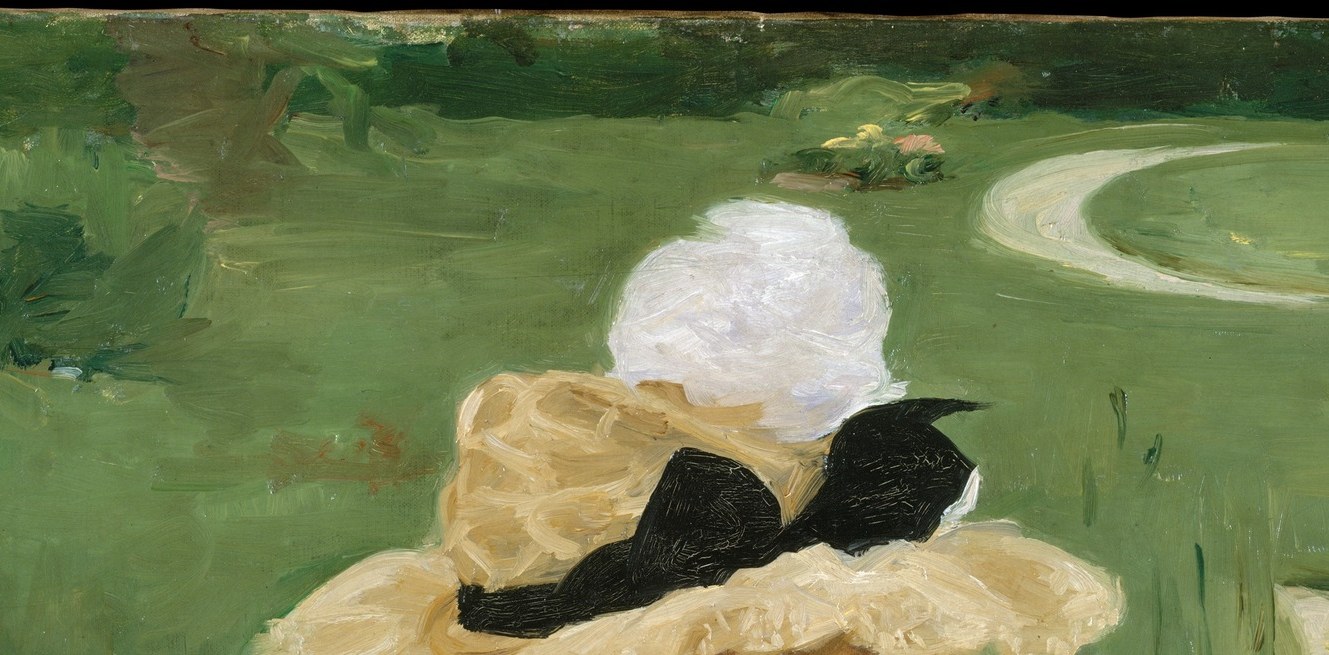 The hat's white pom-pom sits like a focal beacon at the crown; the black ribbon bow creates graphic tension against the pale straw , a social marker of fashionable late-19th-century girlhood