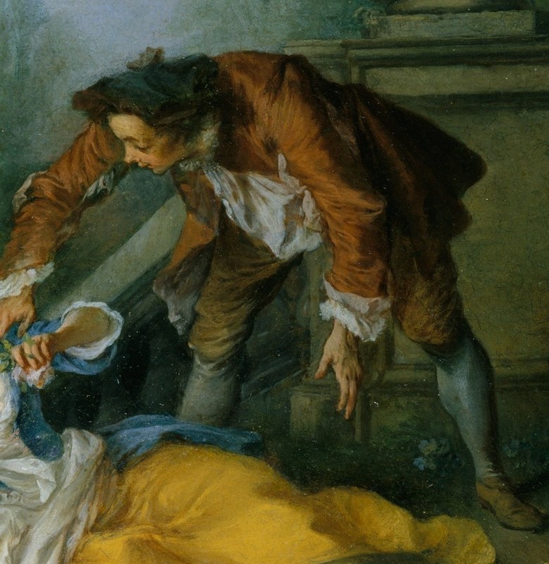 He wears a wealthy, fur-trimmed coat.