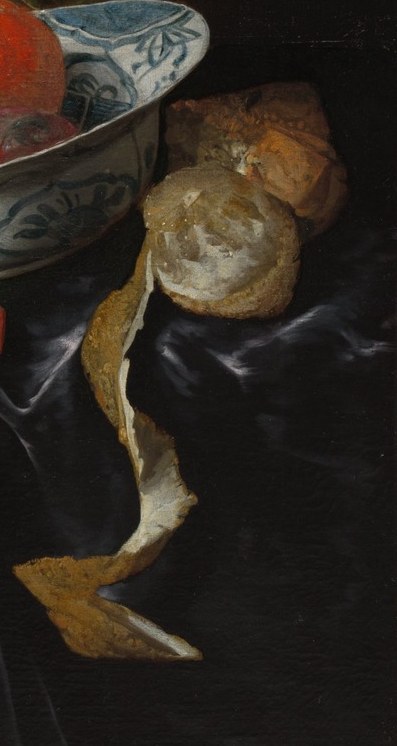 The curled peel and textured rind demonstrate a keen observation of natural forms and the ephemeral beauty of food.