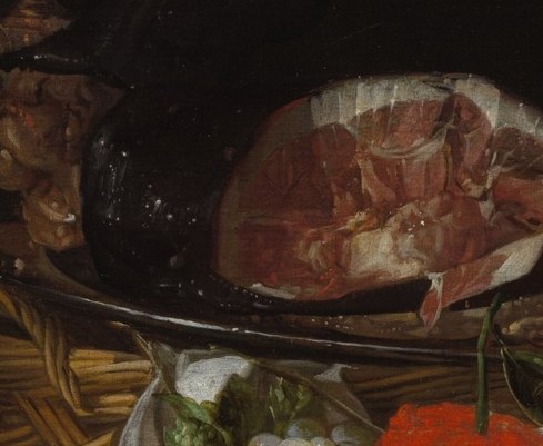 The sliced ham glistens invitingly.