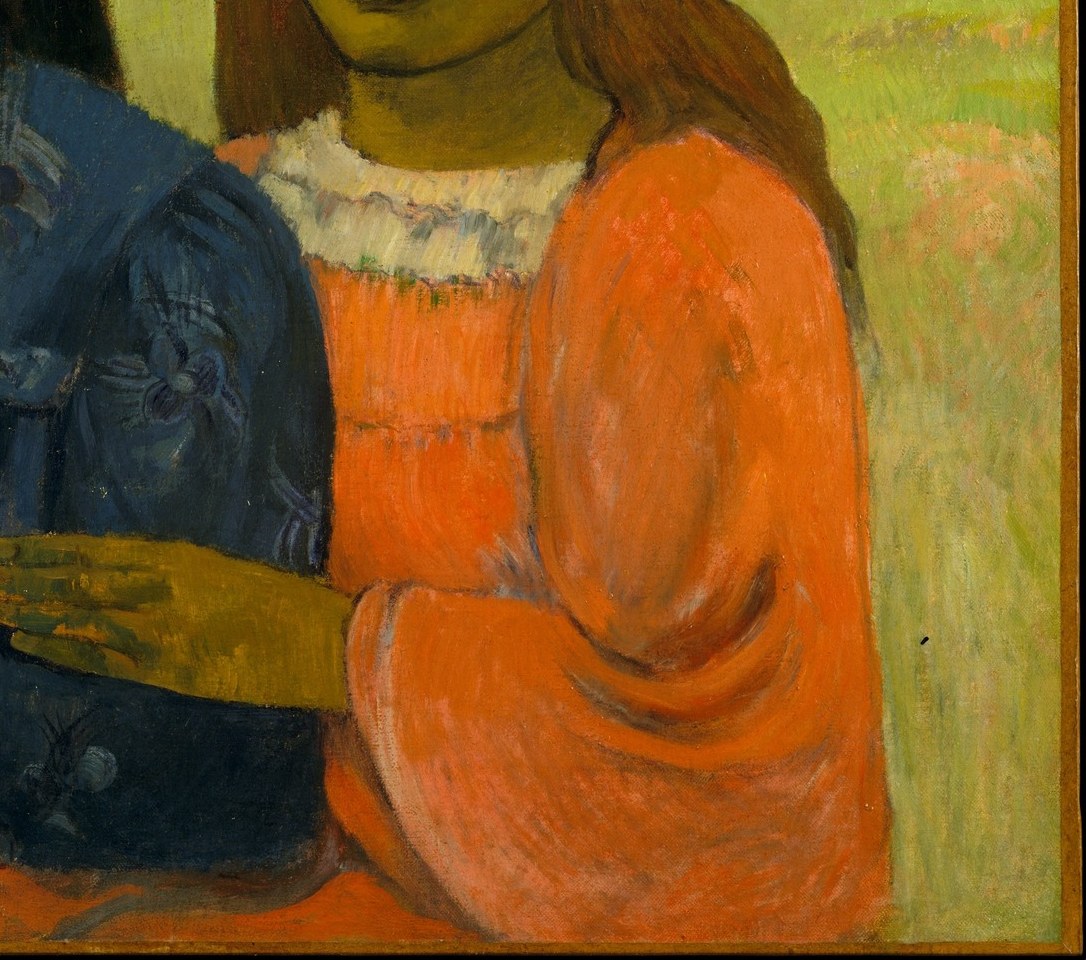 The daughter wears a vibrant orange, a color of passion.