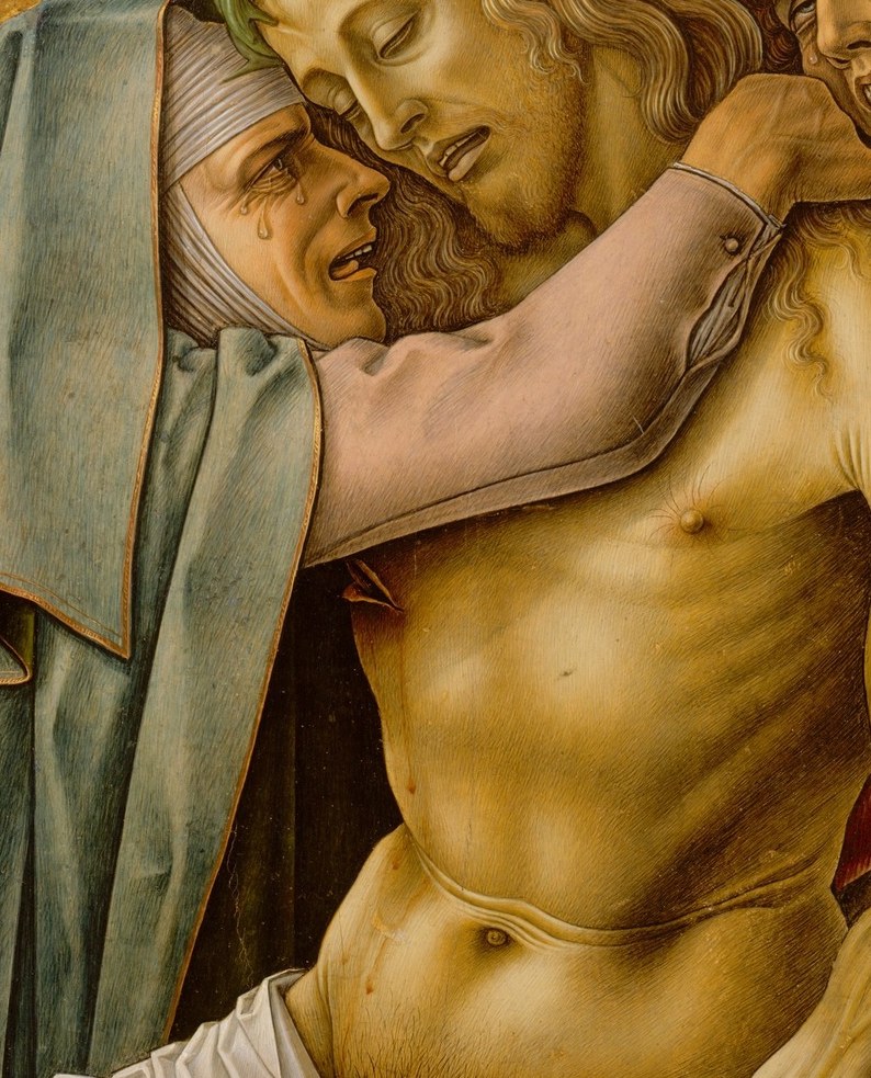 The cadaverous yellow-ochre skin against the warm living flesh tones of the surrounding figures makes the death viscerally physical rather than symbolic
