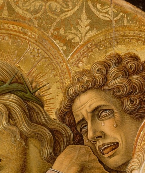 Mouth agape, brow contorted , Crivelli stages ugly, unselfconscious grief rather than idealised sorrow, making this the most emotionally extreme face in the group