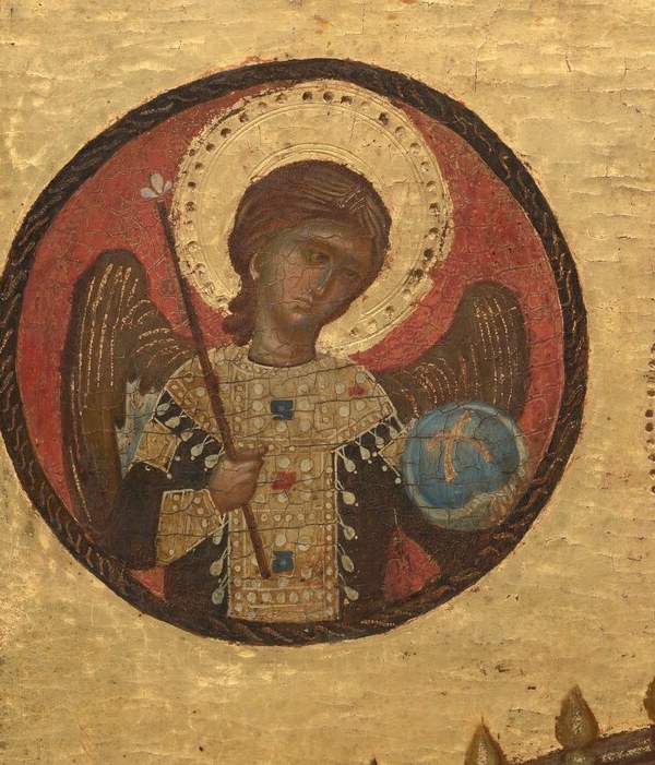 This celestial attendant, holding a globe, reinforces the cosmic significance of the scene.