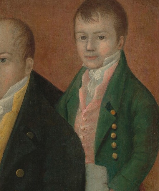 Saturated green against the dark background creates a sharp chromatic bookend at the right edge; the fashionable cut underscores the family's prosperity.