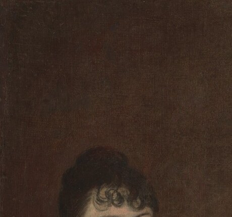 The only adult female face; direct frontal gaze and high-dressed dark hair signal Federal-era gentility and make her the left anchor of the composition.