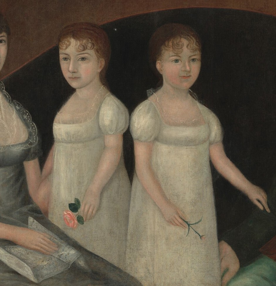 Simple white muslin was the Federal-era standard for well-bred daughters; the paired dresses create a luminous central block splitting the darker adult clothing on either side.