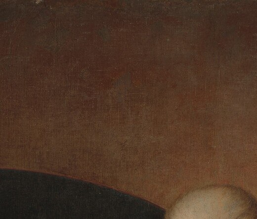 Heavyset, composed face; Johnson places him off-center but his physical mass and seated posture broadcast patriarchal authority with quiet force.