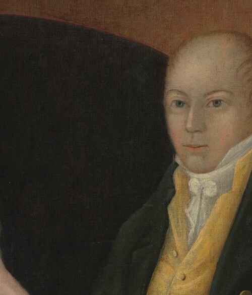 The single most vivid color in the painting; yellow silk waistcoats were expensive status markers in early Federal America and read as a deliberate proclamation of wealth.