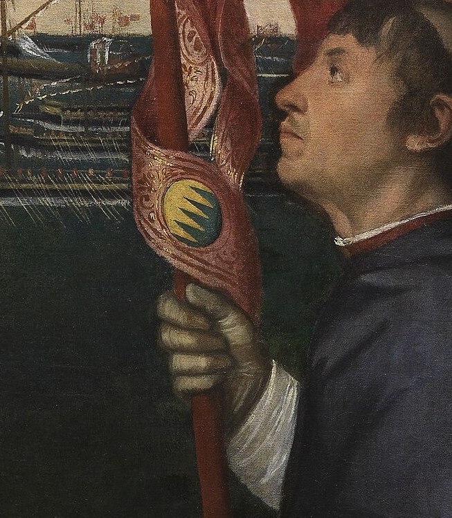 He holds the Venetian banner.