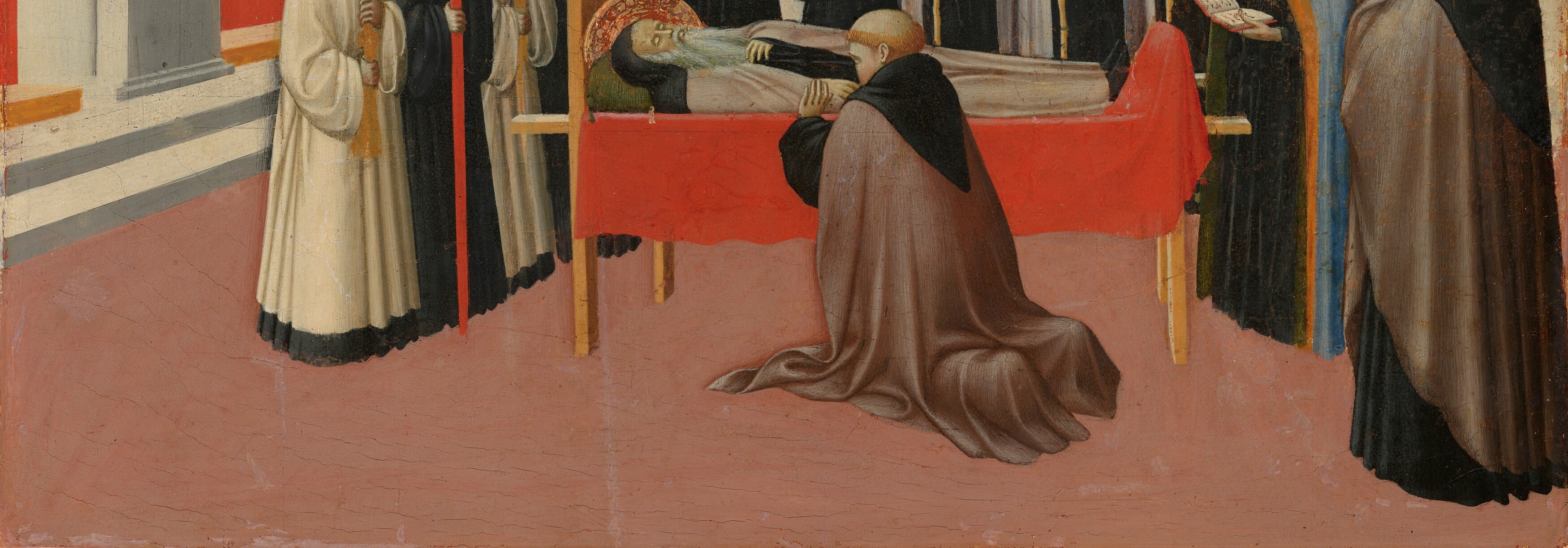 Unusually vivid pink for a 1432 religious panel , the receding tile grid is one of the earliest perspective demonstrations in the painting and gives the scene warm, earthly intimacy.
